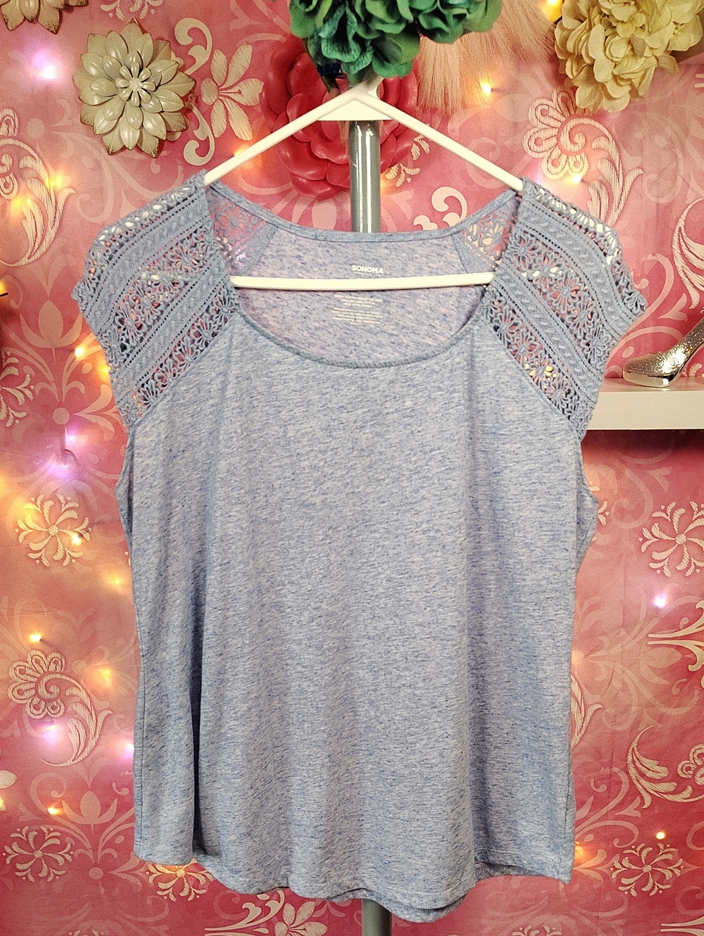 Sonoma Light Blue Crochet Sleeve Tank Top
